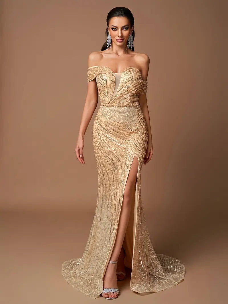 Elegant Off-Shoulder Sequin Gown - Golden, Floor-Length, Sleeveless, Fitted, High-Slit Design with Contrast Detail, Perfect for Adult Evening Events, Formal Attire|Sequin Embellished Dress|Sleek Fit, Dress