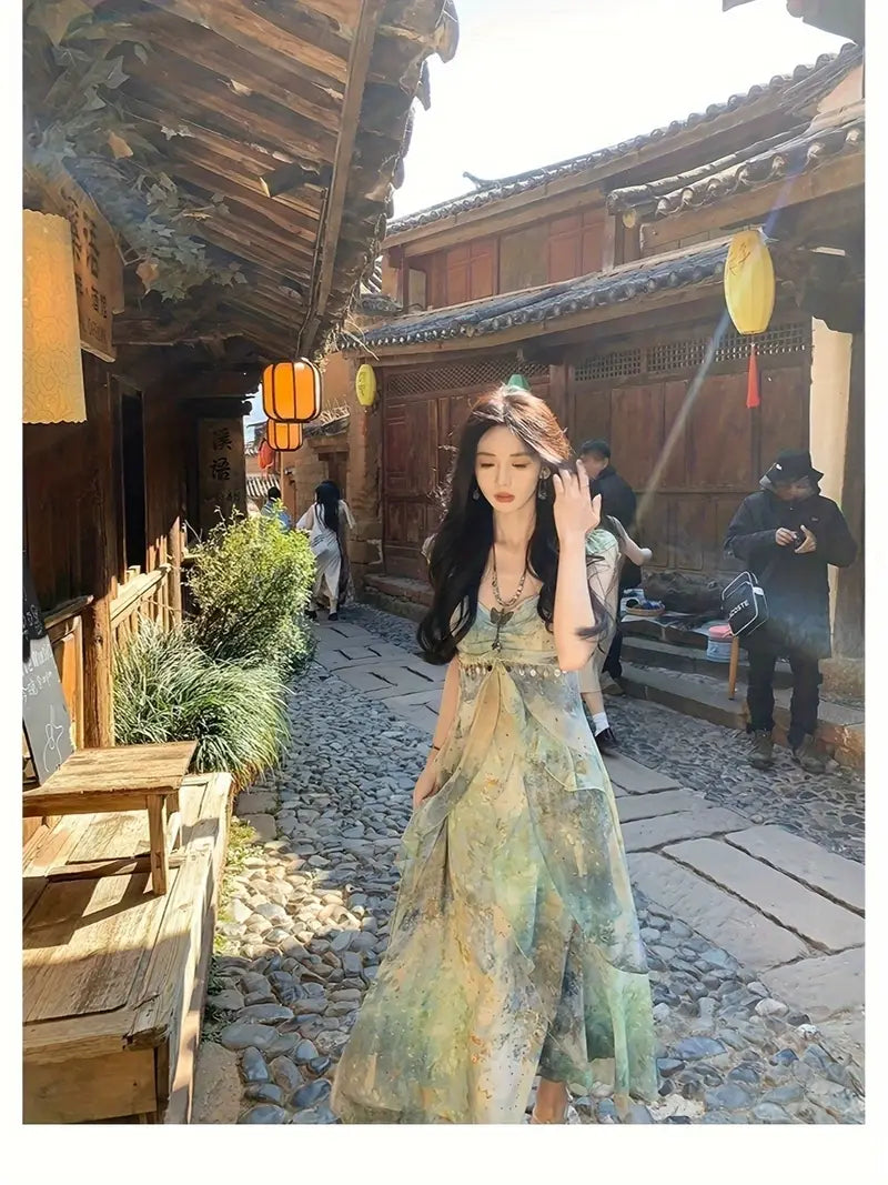 Women'S Floral beach dress - Flowy maxi gown with spaghetti straps, Formal casual event party Outfit - Elegant Floral print in Green/Blue/Beige