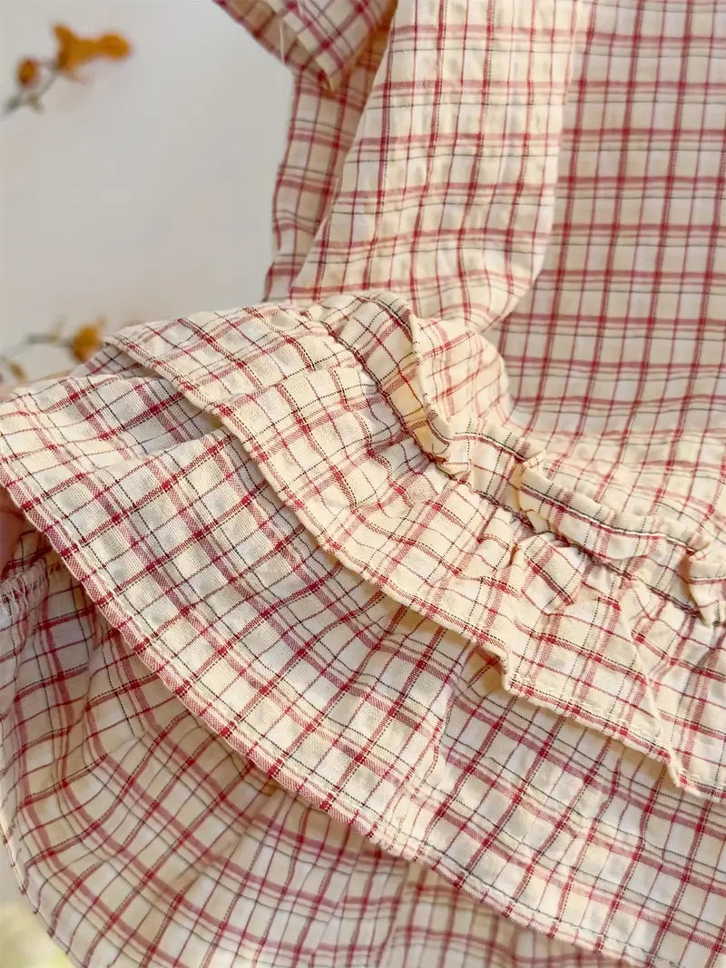 Elegant Women's Red Plaid Short Sleeve Blouse | Loose Fit Button-Up Shirt with Ruffled Hem - Casual Summer Top
