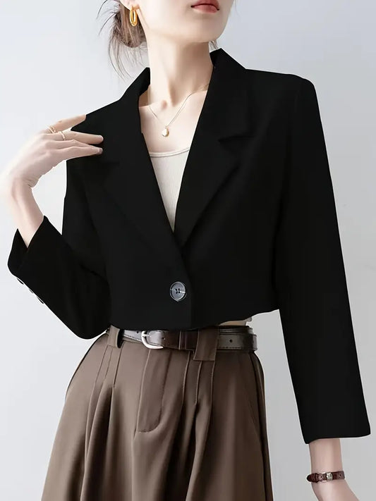 Women's Slim-Fit Short Blazer - Black Casual Chic Single-Breasted Lapel Collar Long Sleeve Office Jacket, Lightweight Spring Summer Versatile Workwear for Professional & Social Occasions