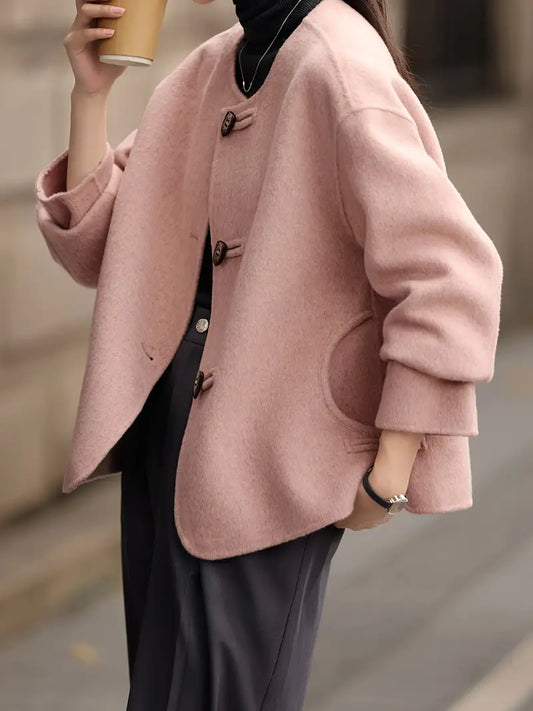 Tweed Coat - Classic Round Neck Short Parka with Button Detailing, H-Silhouette Regular Fit, Soft Pink Solid Color, Dry Clean Only, Winter Outerwear, Casual Chic Apparel, Wool Fabric Blazer, Tailored Craftsmanship