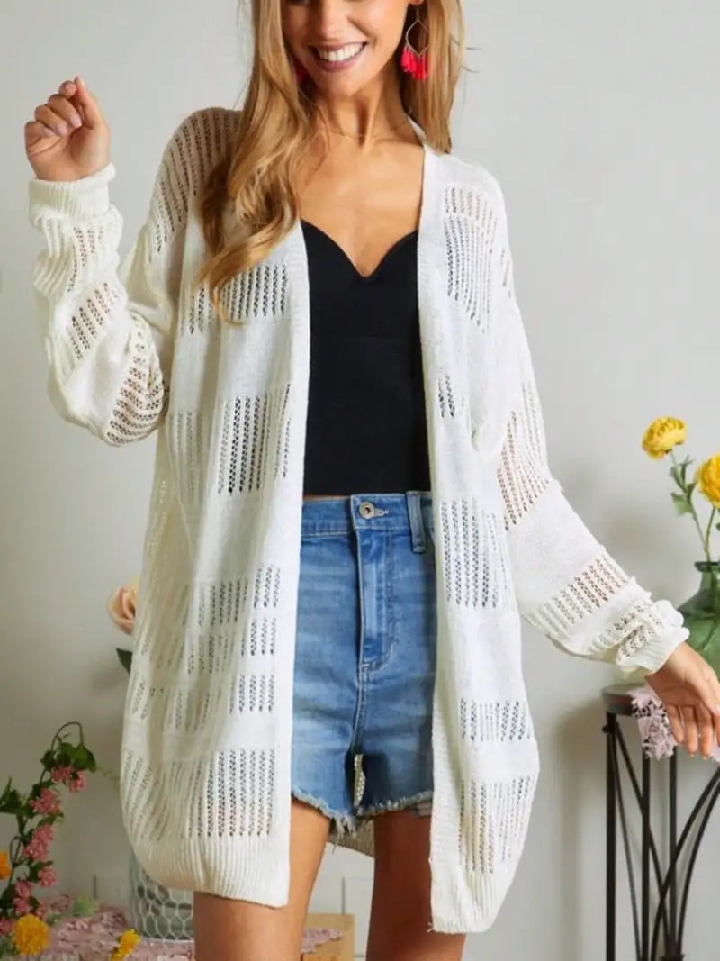 Womens Casual Open Front Cardigan Boho Chic Geometric Knit Pattern Lightweight Sweater Modern Loose Fit Long Length White Chunky Hollow Out Design Spring Fall Outerwear Summer Beach Cover Up Party Daily Wear