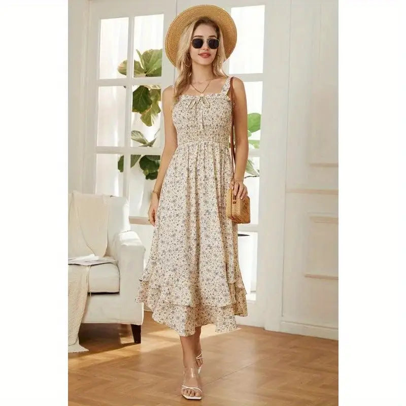 2025 Summer Floral Boho Dress Square Neck Strapped Swing A Line Sundress Beach Long Maxi Outfits