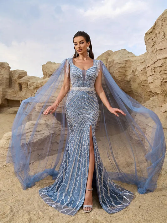 Elegant Middle Eastern-Inspired Women's Backless Evening Gown - Heart Neckline, Long Train & High Slit, Sequin-Embellished Blue Gown with Padded Bust & Cape Sleeves for Weddings, Galas, Spring/Summer Formal Events