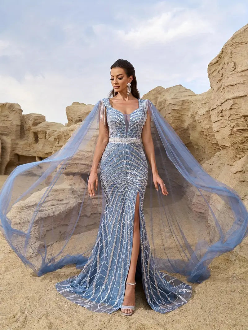 Elegant Middle Eastern-Inspired Women's Backless Evening Gown - Heart Neckline, Long Train & High Slit, Sequin-Embellished Blue Gown with Padded Bust & Cape Sleeves for Weddings, Galas, Spring/Summer Formal Events