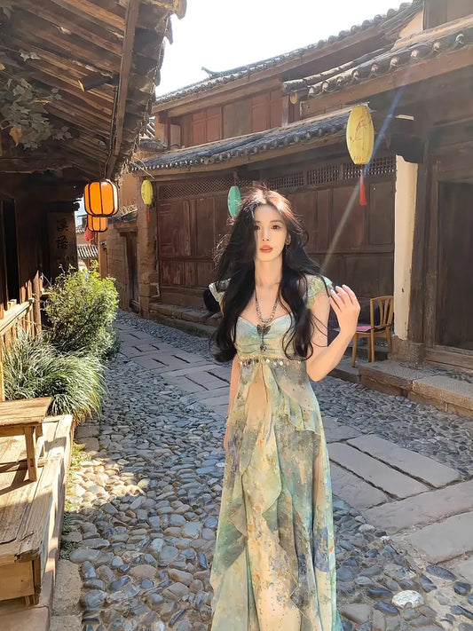 Women'S Floral beach dress - Flowy maxi gown with spaghetti straps, Formal casual event party Outfit - Elegant Floral print in Green/Blue/Beige