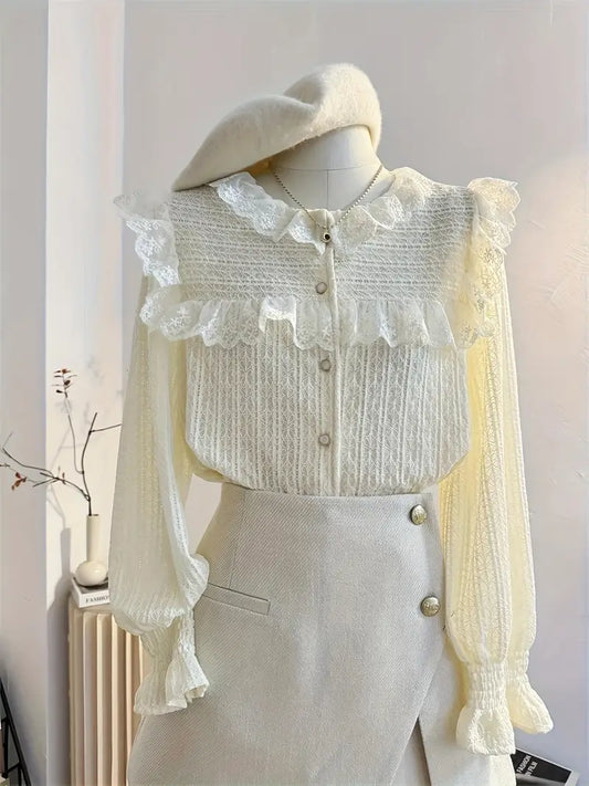 French Sweet Lace Collar Blouse Autumn-Winter Design Youthful Aesthetic Base Layer Apricot Top
