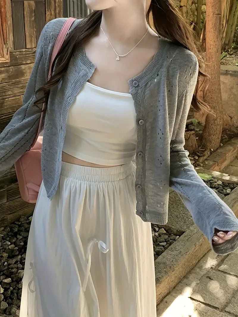 Elegant Lightweight Women's Button-Up Cardigan | Long Sleeve Open Front Sweater with Round Neck, Solid Color Spring/Summer Layering Piece for Casual or Dressy Outfits, Cute Sweater
