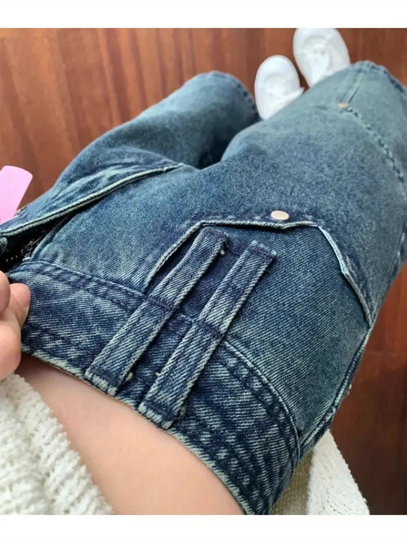 Women'S High-Waist Slim Straight Leg Denim Shorts - Mid-Length, Button Closure, Casual Summer Style, Light Blue, High Waist Shorts