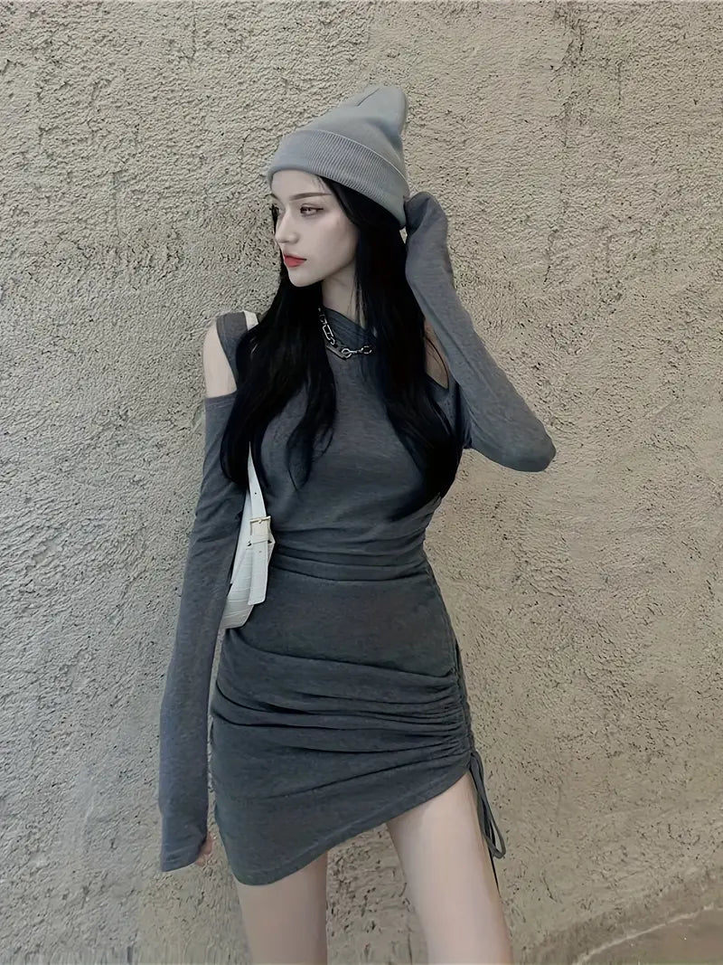 Women's Asymmetric One-Shoulder Bodycon Dress - Ruched Hem & Waistband, Stretchy Solid Color, Machine Washable Elegant All-Season Fit, Casual Chic Attire, Ruched Detailing