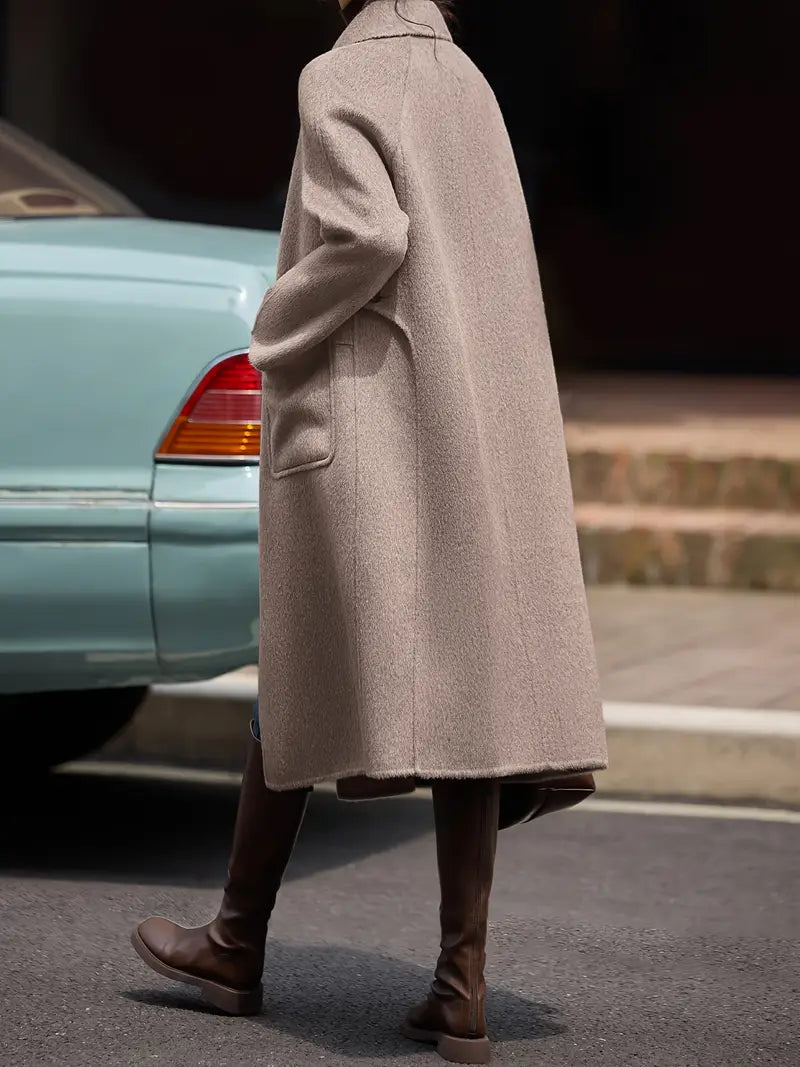 Women's Winter Tweed Coat - 100% Wool Handcrafted Dual-Sided Long Coat with Front Pockets, H-Silhouette Regular Fit for Professional & Casual Wear, Quality Tailoring