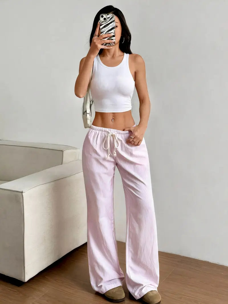 Women'S Low-Rise Pink Drawstring Straight-Leg Pants - Casual Loose Fit, Wide Waistband, Lightweight Polyester for Spring & Summer Outings, Home Wear Pants | Natural Waistband Pants | Comfortable Fit