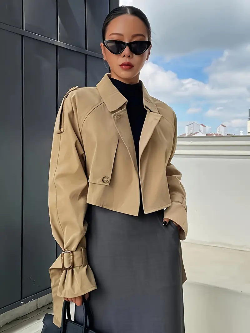 Women's Casual Short Windbreaker Jacket with Buckle-Fitted Shoulder Sleeves & Epaulets - Machine Washable, All-Season Versatile Outerwear for Everyday & Formal Wear, Double Breasted Design, Elegant Design Detail