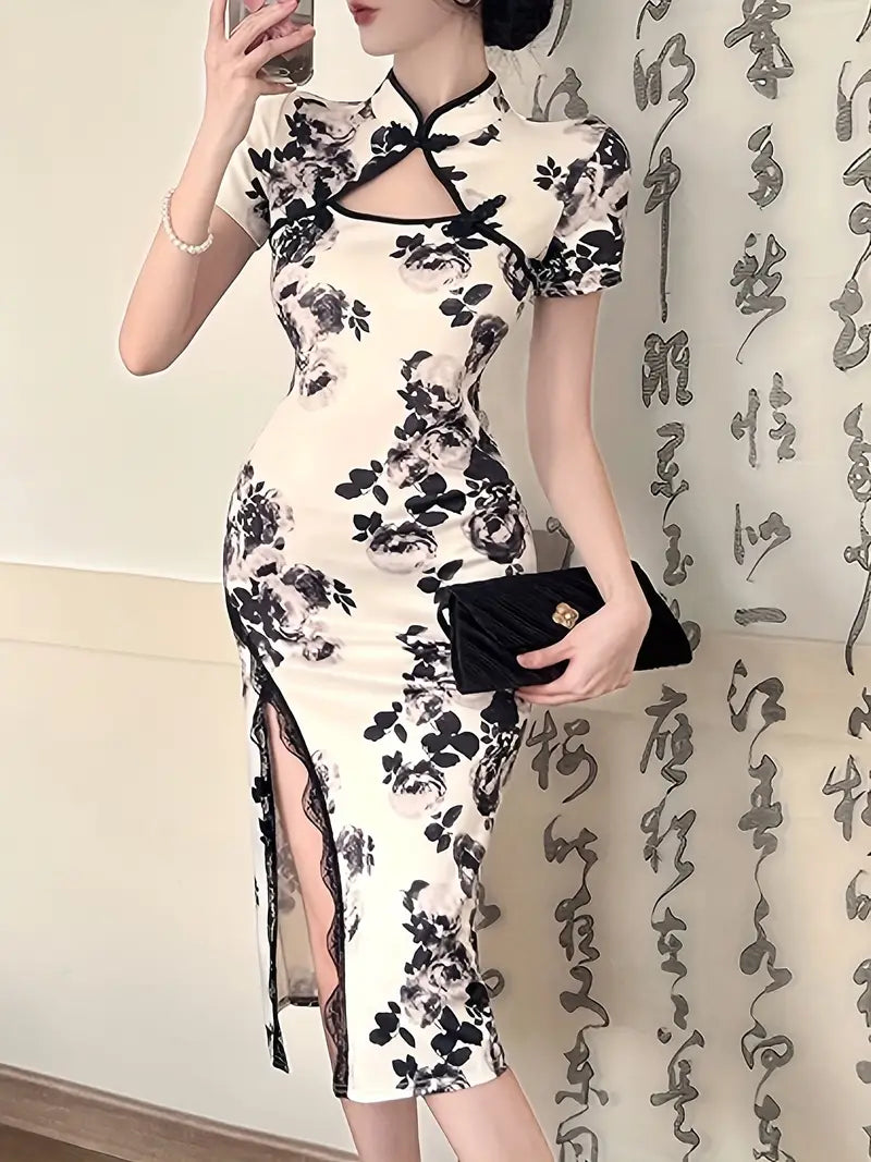 Women's Elegant Chinese Cheongsam Dress with Floral Print - Slim Fit Long Sleeve A-Line Dress, High Slit Thigh Hem & Side Pockets, Machine Washable All-Season Versatile Dress