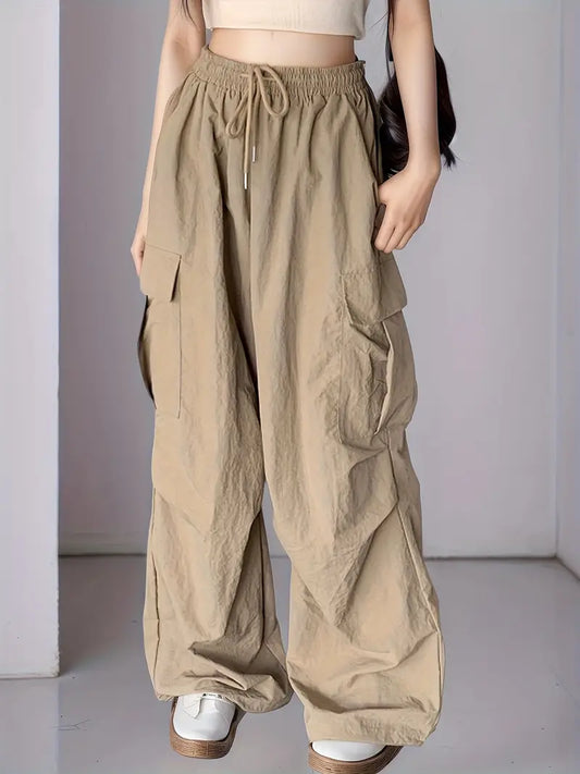 Women'S Khaki Cargo Pants - Durable Non-Stretch Fabric, Machine Washable All-Season Comfort with Functional Pockets & Adjustable Drawstring Waist, High-Neck Design for Outdoor & Casual Wear, Functional Fashion, Practical Pockets