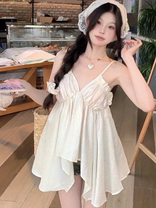 Women'S Ruffled V-Neck Asymmetrical Top Spaghetti Strap Cute Vest Gentle And Elegant Camisole