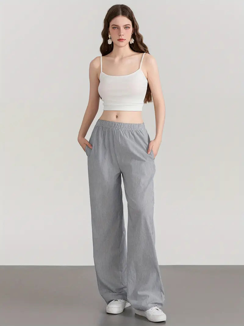 Women'S Wide Leg Pants, Casual Solid Color Straight Leg Trousers with Elastic Waist, Adult Lounge Pajama Bottoms - Woven, All-Season