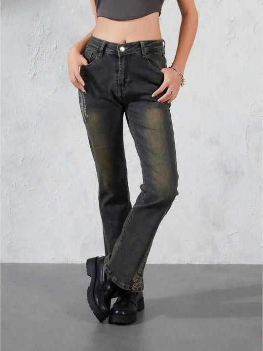 Women'S Street Style Animal Pattern Skinny Faux Denim, Cotton Blend Faux Denim with Slight Stretch, Mid Waist Bell Bottom Trousers with Button Detail, for All-Season Woven Pants
