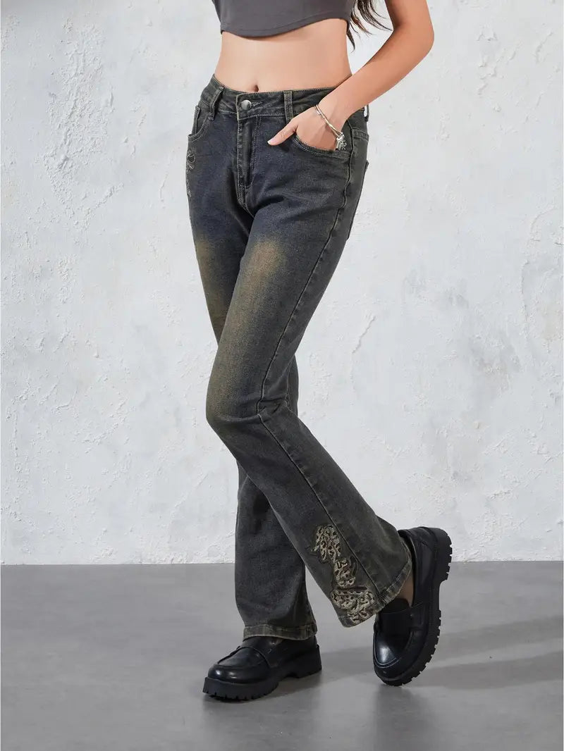 Women'S Street Style Animal Pattern Skinny Faux Denim, Cotton Blend Faux Denim with Slight Stretch, Mid Waist Bell Bottom Trousers with Button Detail, for All-Season Woven Pants
