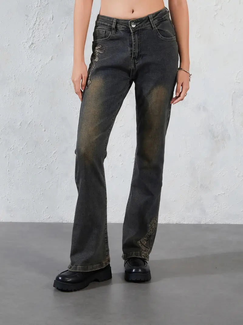 Women'S Street Style Animal Pattern Skinny Faux Denim, Cotton Blend Faux Denim with Slight Stretch, Mid Waist Bell Bottom Trousers with Button Detail, for All-Season Woven Pants