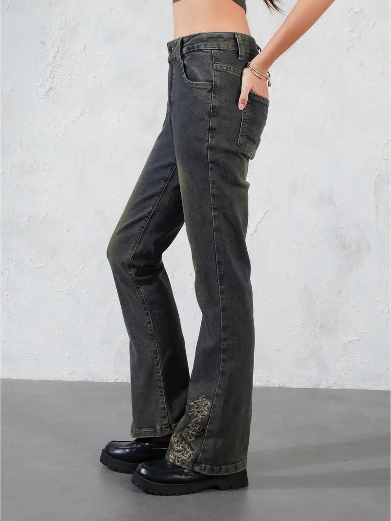 Women'S Street Style Animal Pattern Skinny Faux Denim, Cotton Blend Faux Denim with Slight Stretch, Mid Waist Bell Bottom Trousers with Button Detail, for All-Season Woven Pants