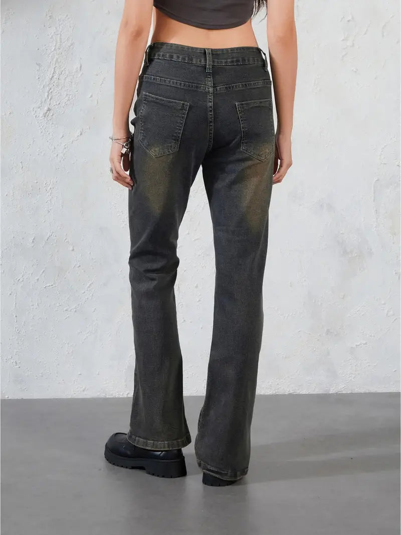 Women'S Street Style Animal Pattern Skinny Faux Denim, Cotton Blend Faux Denim with Slight Stretch, Mid Waist Bell Bottom Trousers with Button Detail, for All-Season Woven Pants