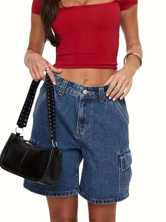 pc Vintage Style Women'S Cotton Faux Denim Shorts, Mid-Length Casual Solid Color Jean Shorts with Button Detail, Stretch Fabric, Spring/Summer Collection for Vacation, Beach, and Clubwear