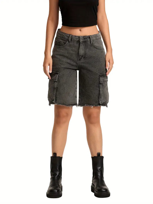1pc Women'S Casual Cotton Blend Faux Denim Shorts, Solid Color, Multiple Pockets, Straight Leg, Knee-Length, Raw Edge, Pull-On Jean Shorts for Spring/Summer/Fall