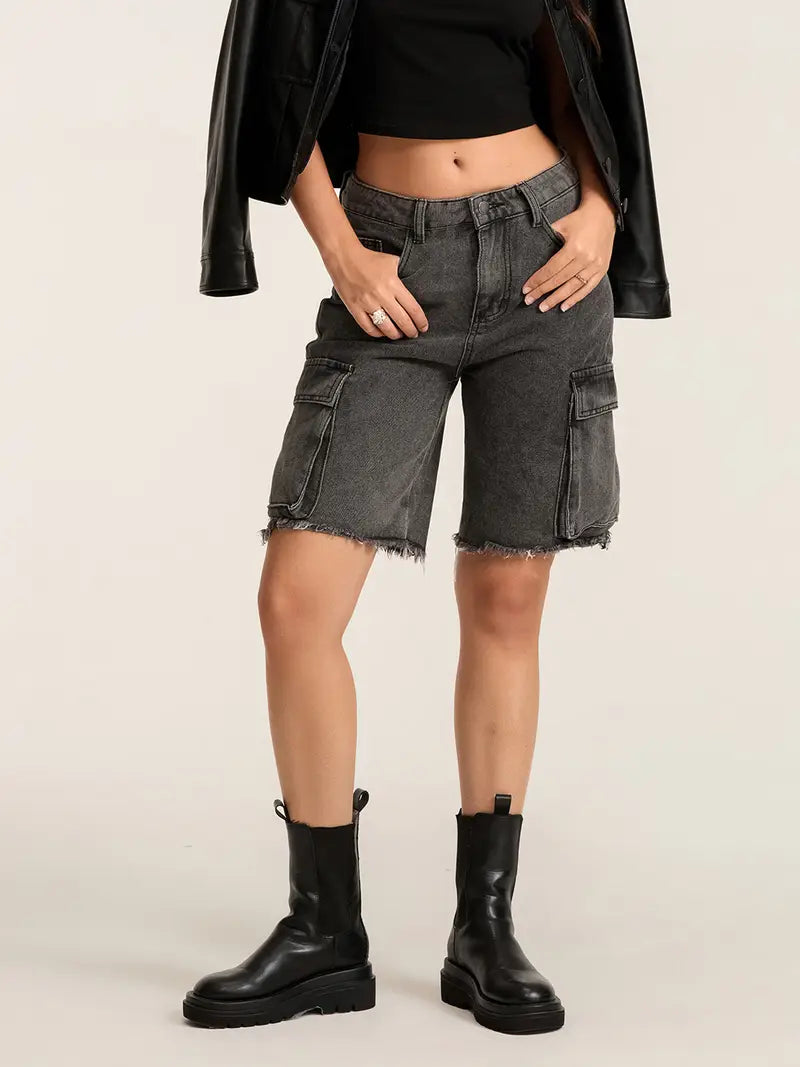 1pc Women'S Casual Cotton Blend Faux Denim Shorts, Solid Color, Multiple Pockets, Straight Leg, Knee-Length, Raw Edge, Pull-On Jean Shorts for Spring/Summer/Fall