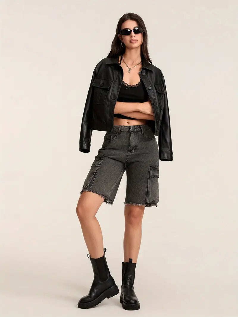 1pc Women'S Casual Cotton Blend Faux Denim Shorts, Solid Color, Multiple Pockets, Straight Leg, Knee-Length, Raw Edge, Pull-On Jean Shorts for Spring/Summer/Fall