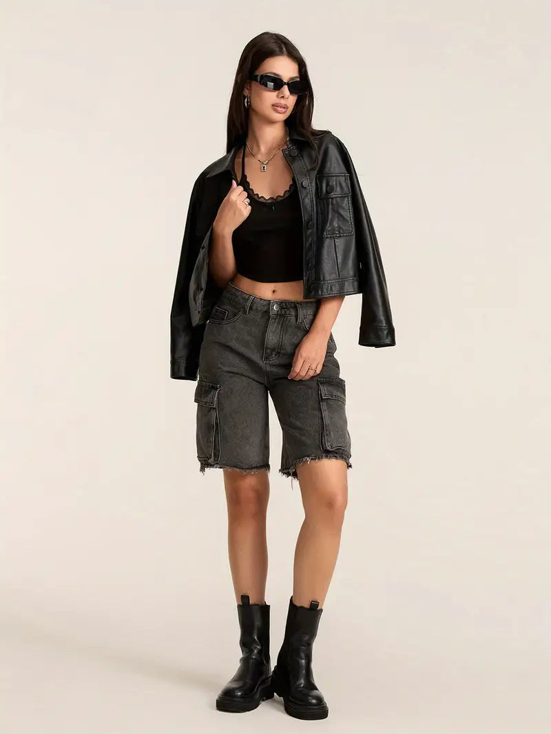 1pc Women'S Casual Cotton Blend Faux Denim Shorts, Solid Color, Multiple Pockets, Straight Leg, Knee-Length, Raw Edge, Pull-On Jean Shorts for Spring/Summer/Fall
