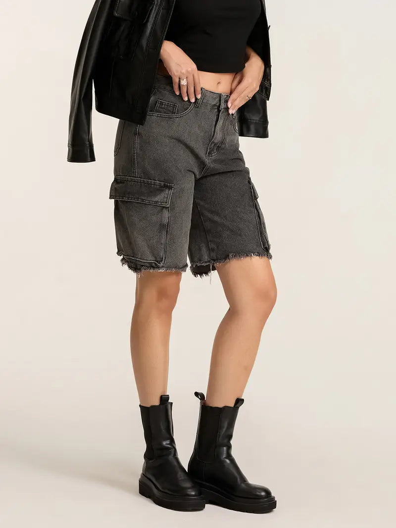 1pc Women'S Casual Cotton Blend Faux Denim Shorts, Solid Color, Multiple Pockets, Straight Leg, Knee-Length, Raw Edge, Pull-On Jean Shorts for Spring/Summer/Fall