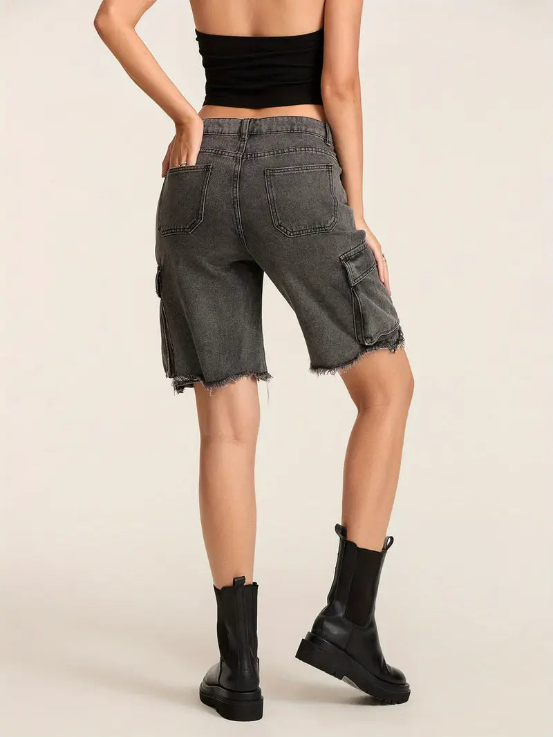 1pc Women'S Casual Cotton Blend Faux Denim Shorts, Solid Color, Multiple Pockets, Straight Leg, Knee-Length, Raw Edge, Pull-On Jean Shorts for Spring/Summer/Fall