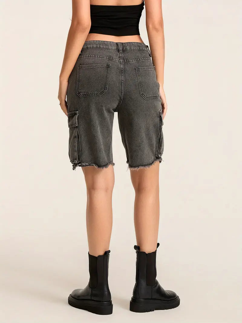 1pc Women'S Casual Cotton Blend Faux Denim Shorts, Solid Color, Multiple Pockets, Straight Leg, Knee-Length, Raw Edge, Pull-On Jean Shorts for Spring/Summer/Fall