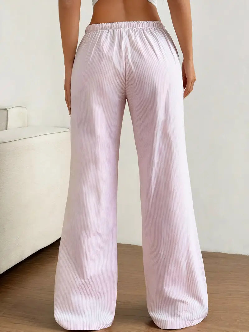 Women'S Low-Rise Pink Drawstring Straight-Leg Pants - Casual Loose Fit, Wide Waistband, Lightweight Polyester for Spring & Summer Outings, Home Wear Pants | Natural Waistband Pants | Comfortable Fit