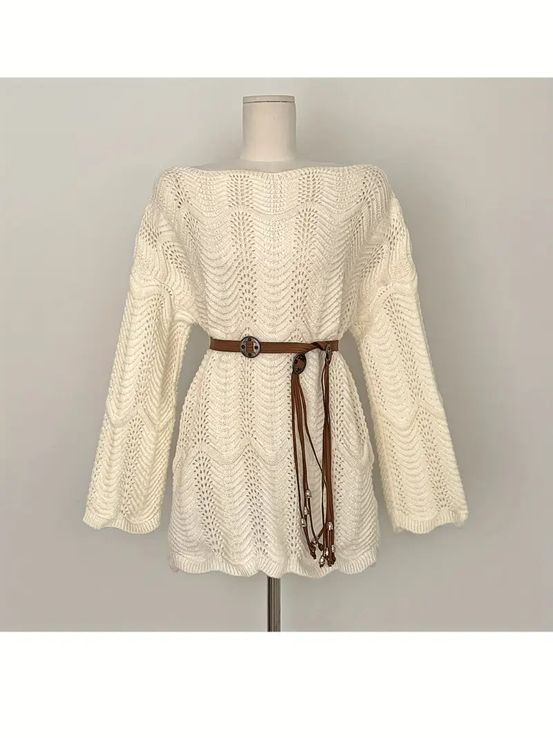 Asymmetrical Shoulder Design Dress with Belt, Loose Fit Versatile Skirt for Women