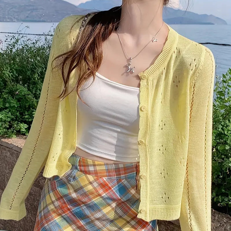 Elegant Lightweight Women's Button-Up Cardigan | Long Sleeve Open Front Sweater with Round Neck, Solid Color Spring/Summer Layering Piece for Casual or Dressy Outfits, Cute Sweater