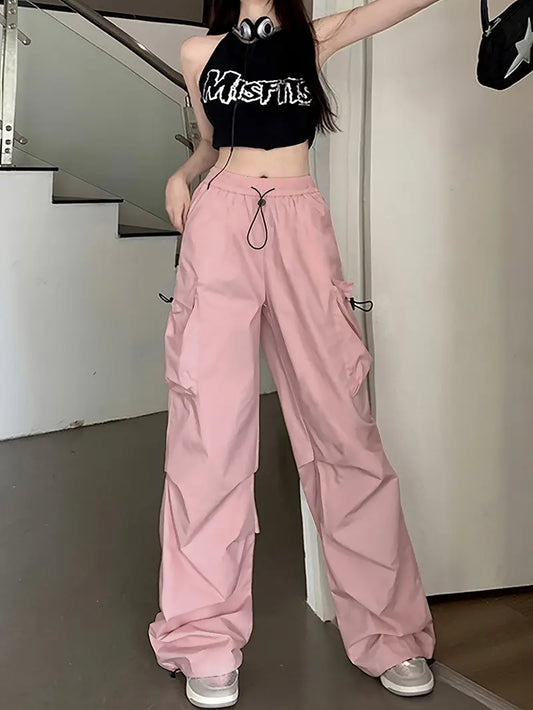 Y2K Pink Wide-Leg Cargo Pants - High-Waisted, Elastic Drawstring Waist with Adjustable Drawstring, Multiple Pockets, Streetwear Style, Perfect for Spring/Summer/Fall, Casual Wear Pants | Y2K Fashion | Elastic Waistband Pants