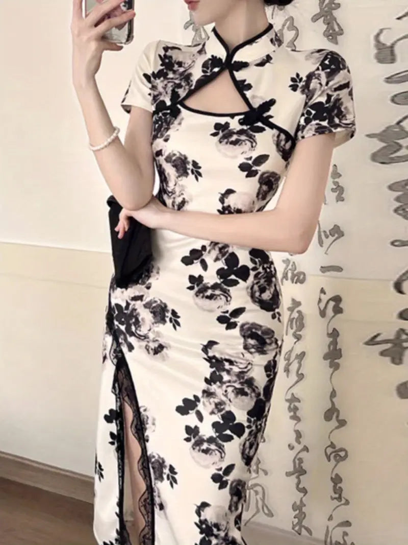 Women's Elegant Chinese Cheongsam Dress with Floral Print - Slim Fit Long Sleeve A-Line Dress, High Slit Thigh Hem & Side Pockets, Machine Washable All-Season Versatile Dress
