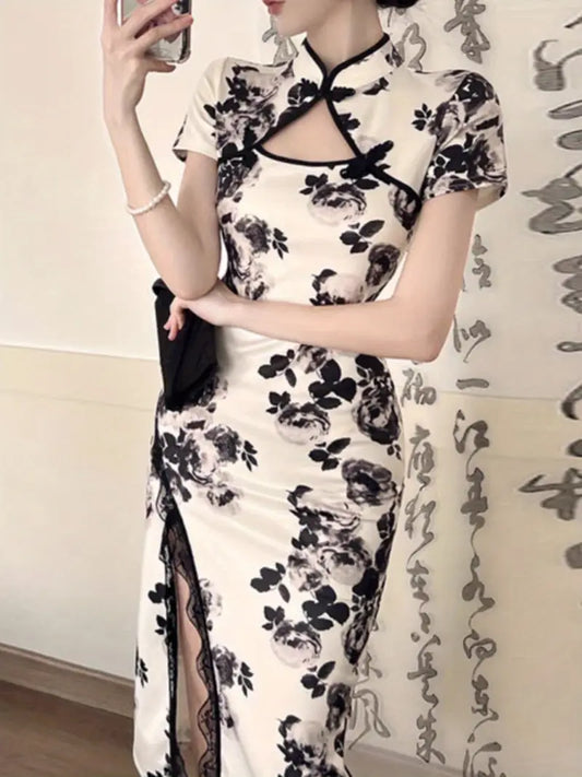 Women's Elegant Chinese Cheongsam Dress with Floral Print - Slim Fit Long Sleeve A-Line Dress, High Slit Thigh Hem & Side Pockets, Machine Washable All-Season Versatile Dress