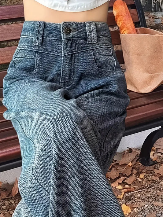 Retro Blue Distressed Women's High-Rise Loose Straight Cut Jeans - Frayed Hem Y2K 90s Style Denim Pants, Machine Washable Casual All-Season Comfort