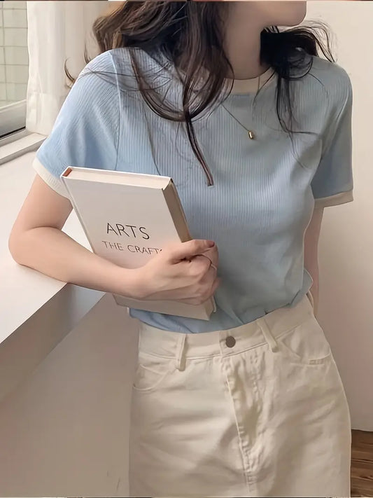 Women's Light Blue Casual Crew Neck Short Sleeve T-Shirt, 100% Polyester Knit Fabric with White Contrast Trim, Regular Fit Summer Top for Casual Attire