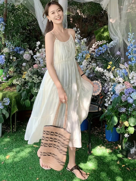 Summer Breeze Off-Shoulder Pleated Midi Dress - French Lyocell Design, Lightweight & Flowing A-Line Cut, Perfect for Vacation or Casual Outings, Beach Attire | Flowy Fabric, Beach Dress