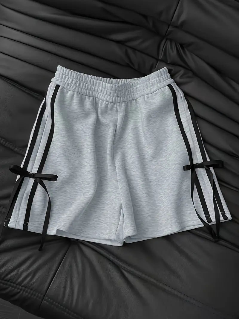 100% Polyester Women's Casual Striped Shorts with Side Bows & Contrast Trim - Elastic Waistband, Side Pockets, Machine Washable, All-Season Comfort | Striped Casual Shorts