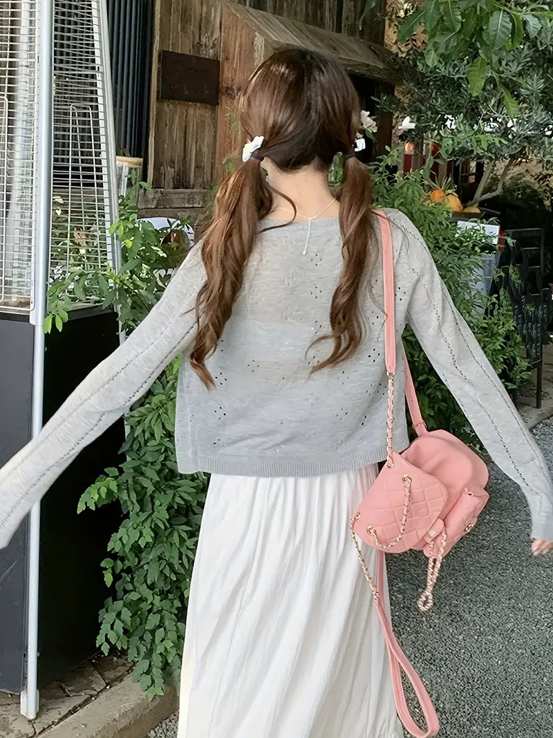 Elegant Lightweight Women's Button-Up Cardigan | Long Sleeve Open Front Sweater with Round Neck, Solid Color Spring/Summer Layering Piece for Casual or Dressy Outfits, Cute Sweater