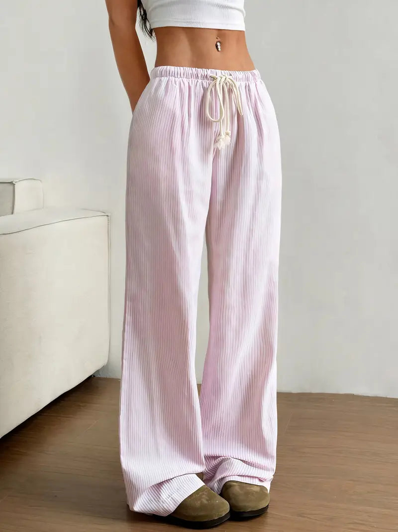 Women'S Low-Rise Pink Drawstring Straight-Leg Pants - Casual Loose Fit, Wide Waistband, Lightweight Polyester for Spring & Summer Outings, Home Wear Pants | Natural Waistband Pants | Comfortable Fit