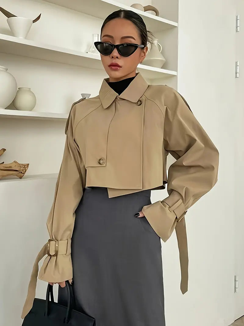 Women's Casual Short Windbreaker Jacket with Buckle-Fitted Shoulder Sleeves & Epaulets - Machine Washable, All-Season Versatile Outerwear for Everyday & Formal Wear, Double Breasted Design, Elegant Design Detail