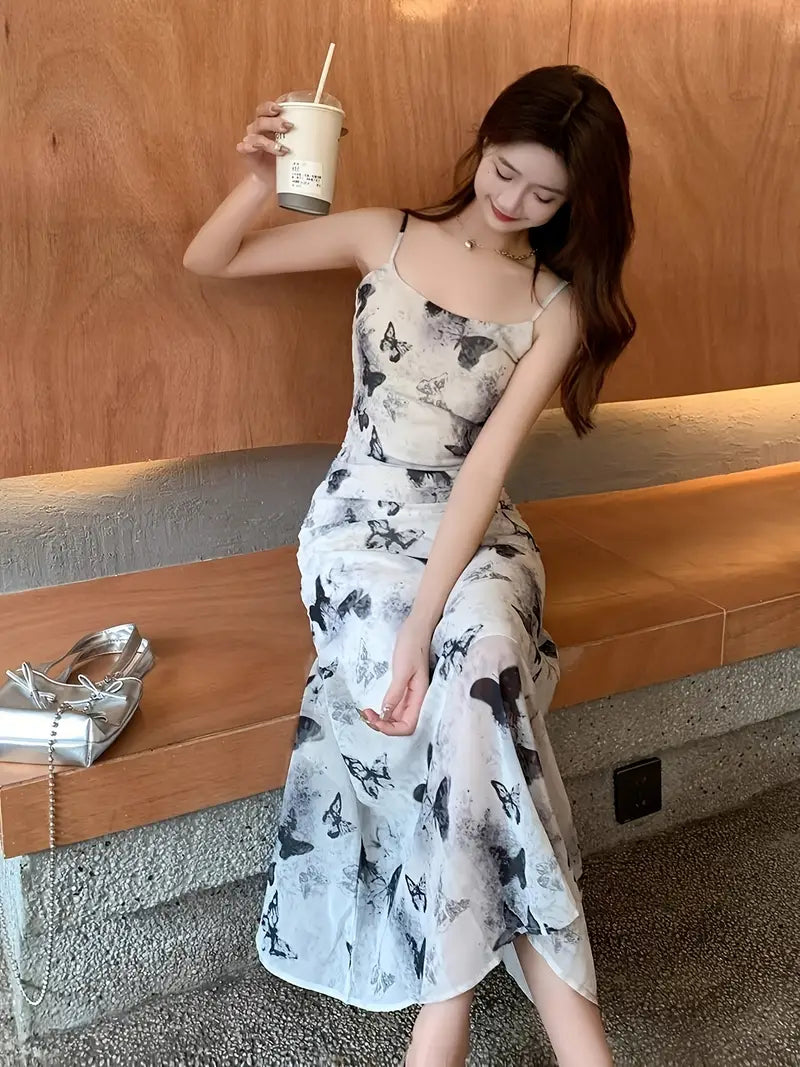 Women's Elegant Chinese Watercolor Butterfly Dress - Spaghetti Strap Formal & Casual Party dress, Beige/Black/Gray/White/, Machine Washable Wedding & Everyday Outfit, Versatile Fashion, Nontransparent Fabric