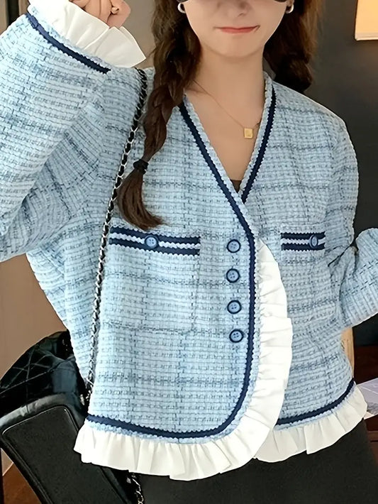 Chic Light Blue Tweed Blazer for Women - Stylish Short Jacket with Ruffle Trim, Button Front, Long Sleeves, and Round Collar - Perfect for Spring & Fall, Autumn Stylish Outfit | Princess Sleeve Jacket | Tailored Fit Blazer