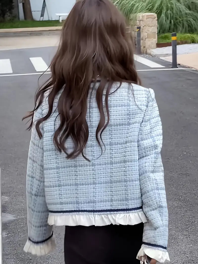 Chic Light Blue Tweed Blazer for Women - Stylish Short Jacket with Ruffle Trim, Button Front, Long Sleeves, and Round Collar - Perfect for Spring & Fall, Autumn Stylish Outfit | Princess Sleeve Jacket | Tailored Fit Blazer
